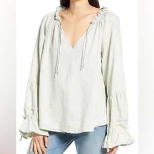 Free People Alpine denim tie neck top